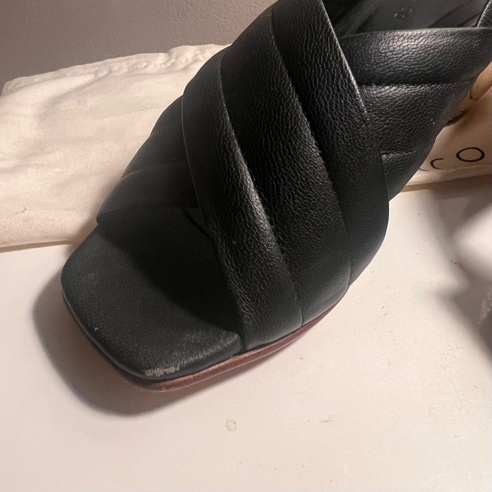 Black Quilted Leather Slingback Sandals with Wood-Effect Heel - Picture 7 of 7